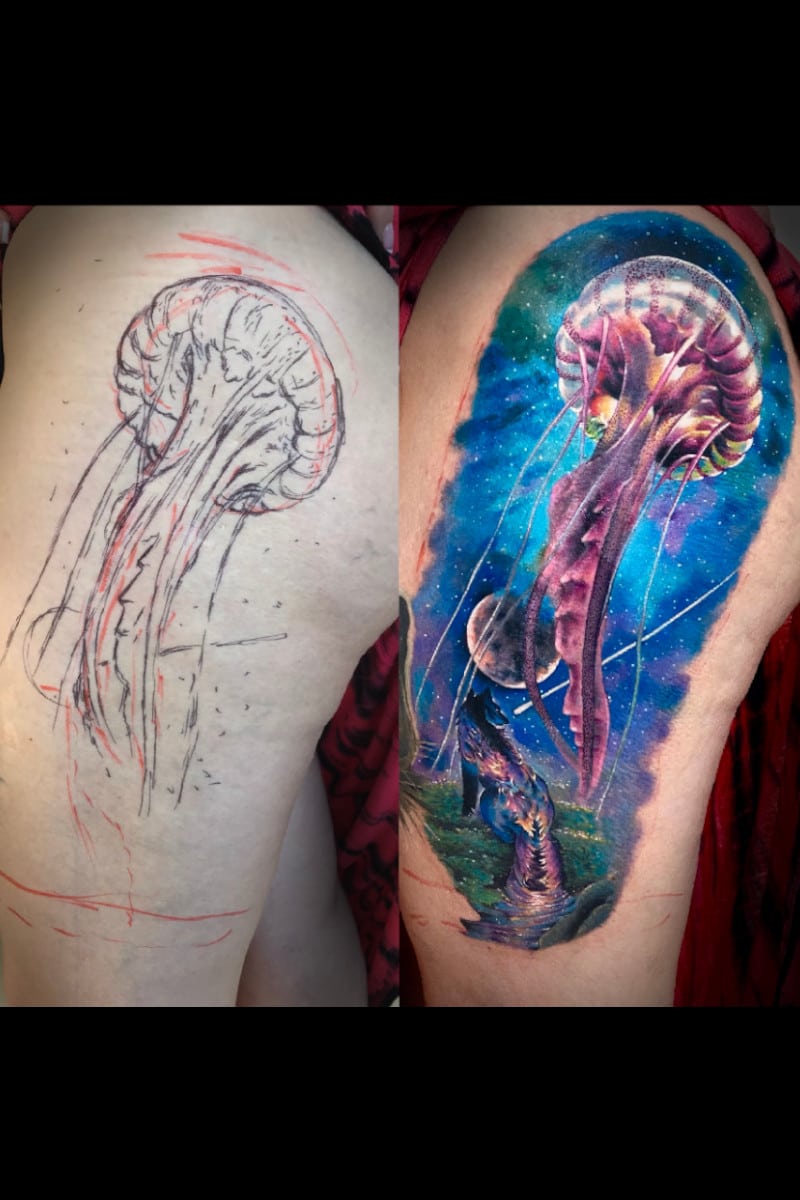 Tatuaje Medusa Galáctica - Antes y Después